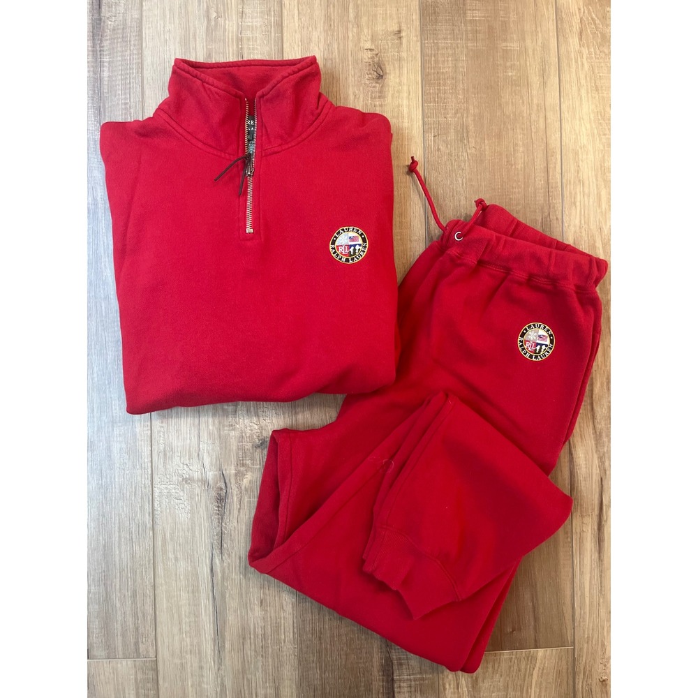 Vintage Lauren Ralph Lauren Red Sweatsuit Set M Crest Logo Quarter Zip Joggers